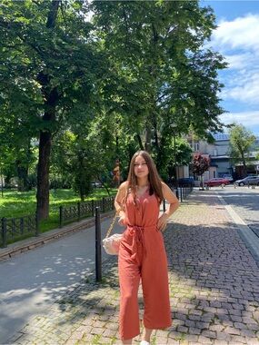 Sleeveless Rust Button-Front Jumpsuit with Waist Tie
